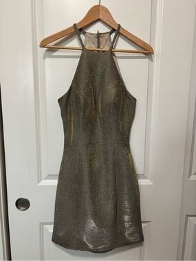 Sherri Hill Metallic Gold Halter Mini Dress